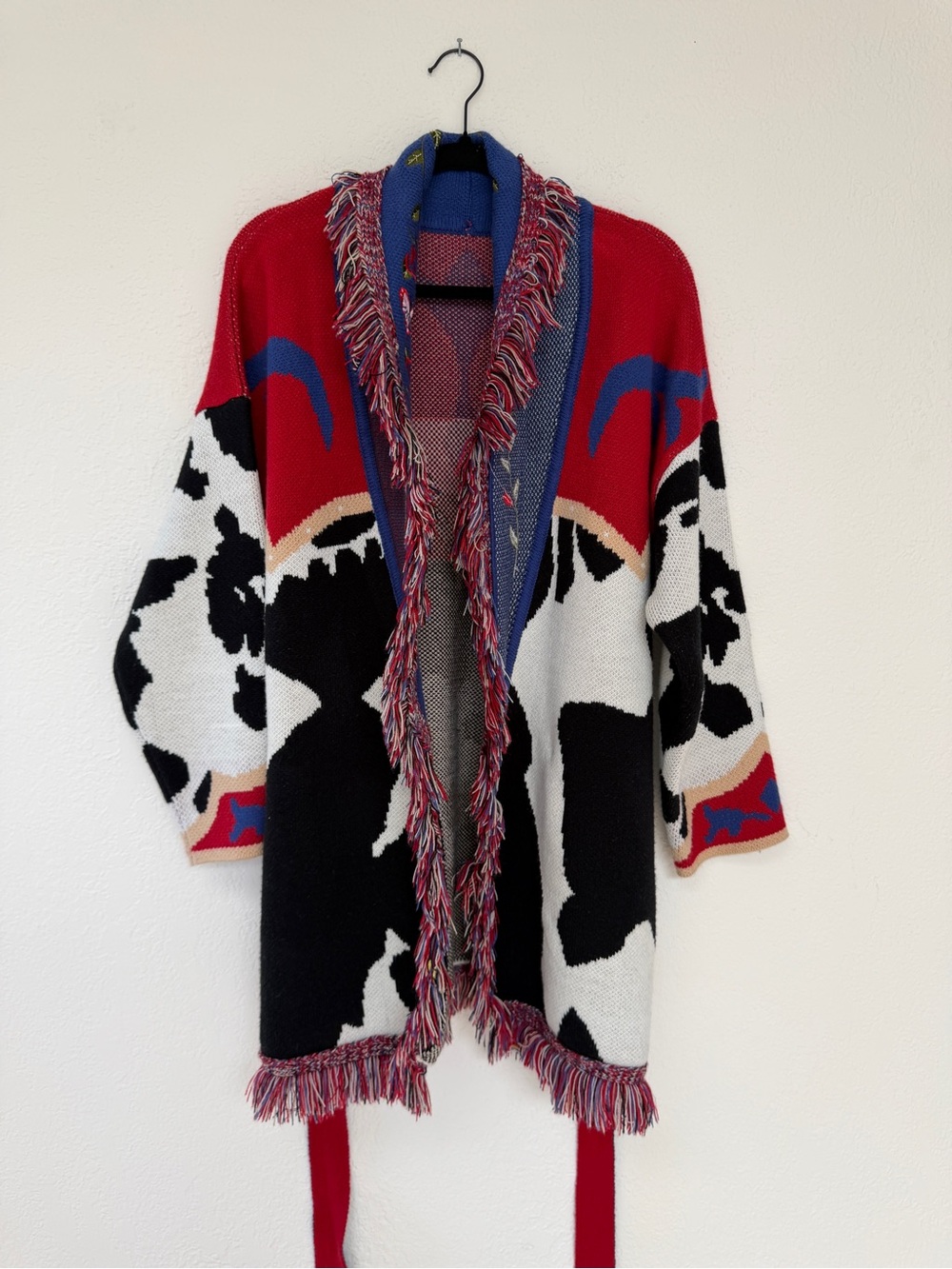 FRINGED cow print colorful oversized fringed belted cardigan sweater / S - Picture 12 of 12